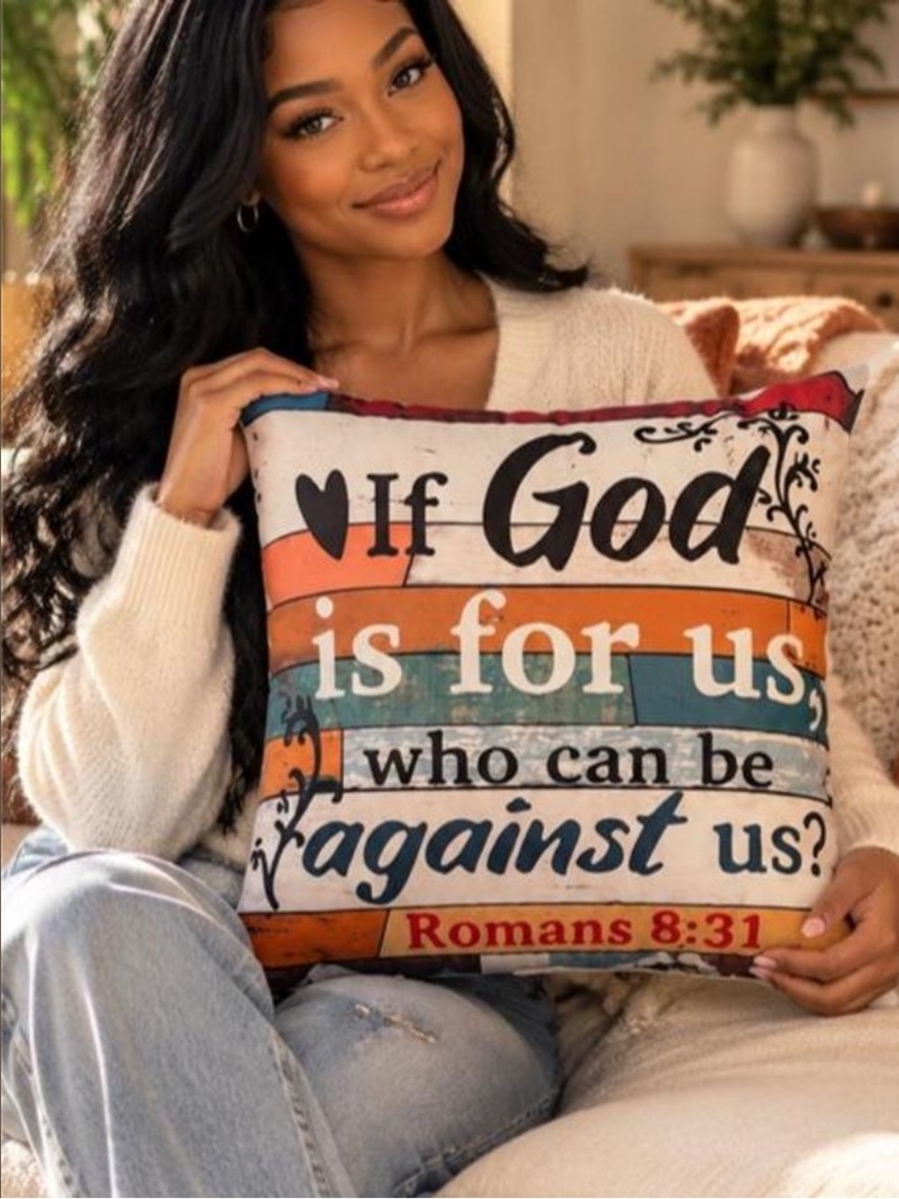 Faith-Inspired Multicolor 'If God Is For Us' Decorative Pillow - Home Accent